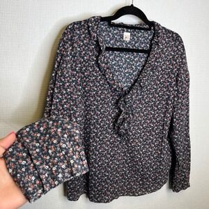 La Vie Rebecca Taylor Nadia Fleur Floral Print Long Sleeve Blouse Ruffle Trim XL